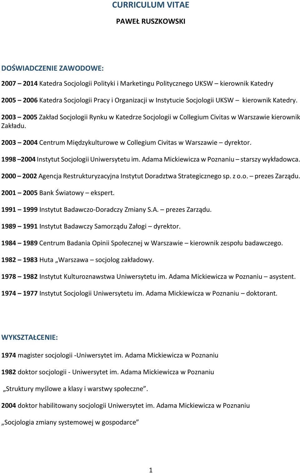 2003 2004 Centrum Międzykulturowe w Collegium Civitas w Warszawie dyrektor. 1998 2004 Instytut Socjologii Uniwersytetu im. Adama Mickiewicza w Poznaniu starszy wykładowca.