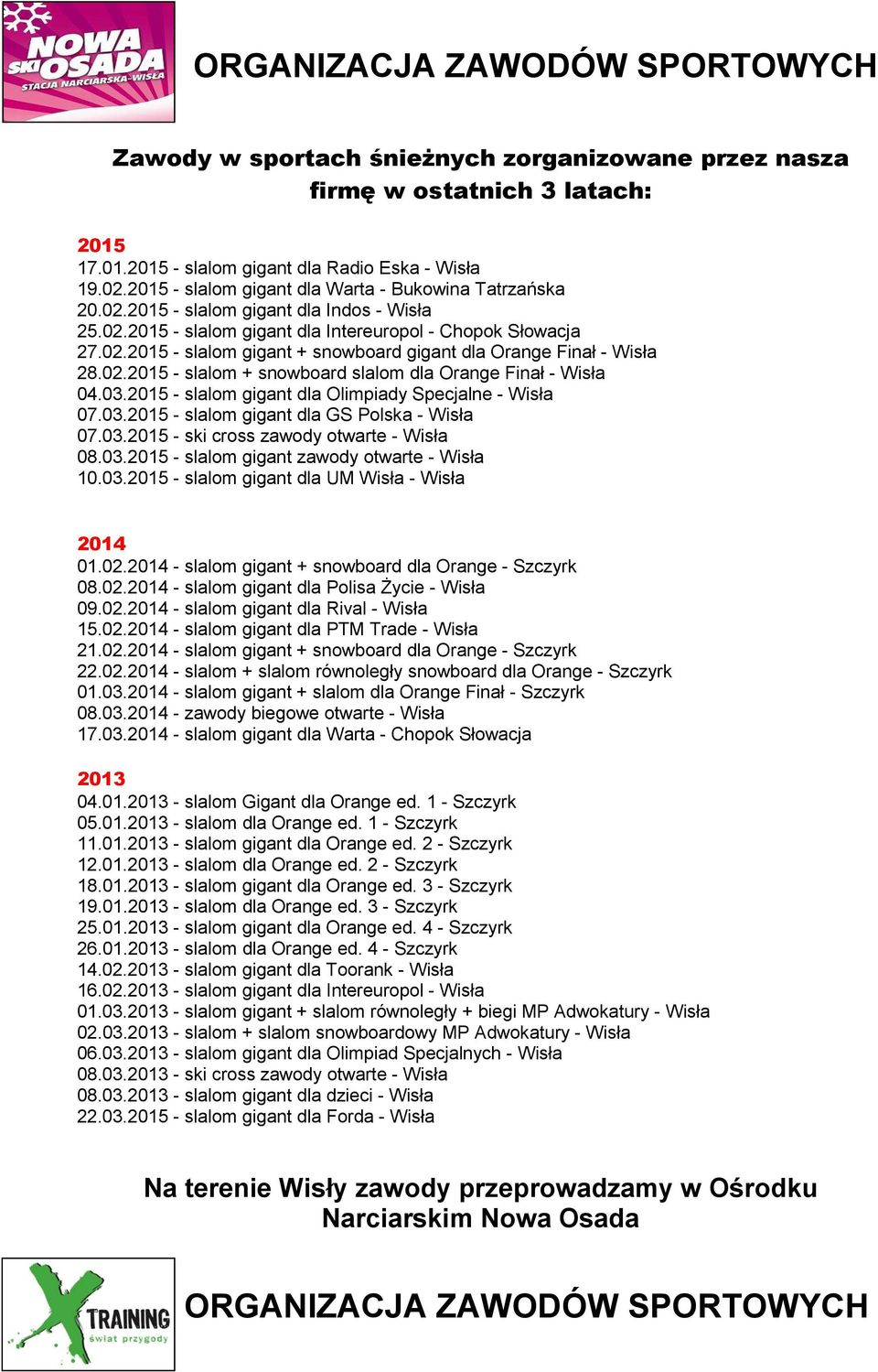 03.2015 - slalom gigant dla Olimpiady Specjalne - Wisła 07.03.2015 - slalom gigant dla GS Polska - Wisła 07.03.2015 - ski cross zawody otwarte - Wisła 08.03.2015 - slalom gigant zawody otwarte - Wisła 10.