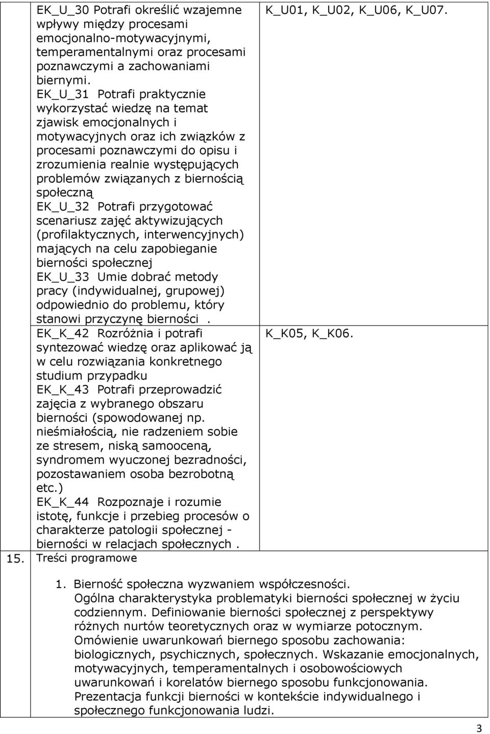 związanych z biernością społeczną EK_U_32 Potrafi przygotować scenariusz zajęć aktywizujących (profilaktycznych, interwencyjnych) mających na celu zapobieganie bierności społecznej EK_U_33 Umie