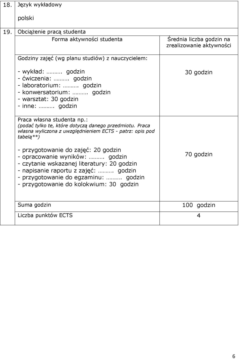 godzin - laboratorium:. godzin - konwersatorium:. godzin - warsztat: 30 godzin - inne:. godzin 30 godzin Praca własna studenta np.: (podać tylko te, które dotyczą danego przedmiotu.