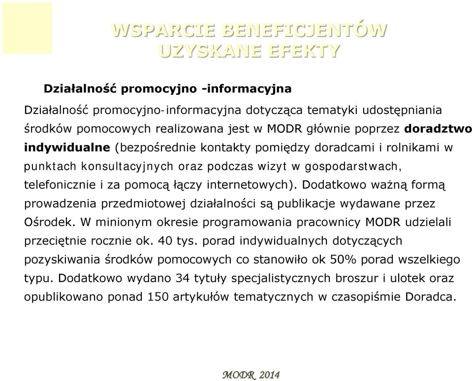 Dodatkowo ważną formą prowadzenia przedmiotowej działalności są publikacje wydawane przez Ośrodek. W minionym okresie programowania pracownicy MODR udzielali przeciętnie rocznie ok. 40 tys.