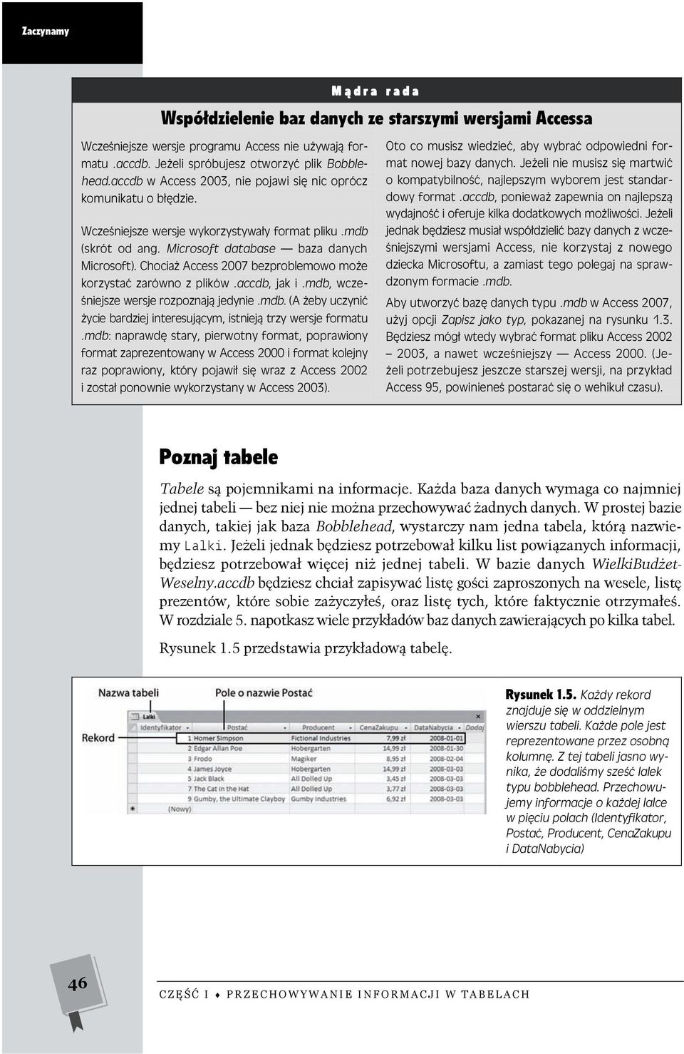 Chociaż Access 2007 bezproblemowo może korzystać zarówno z plików.accdb, jak i.mdb, wcześniejsze wersje rozpoznają jedynie.mdb. (A żeby uczynić życie bardziej interesującym, istnieją trzy wersje formatu.