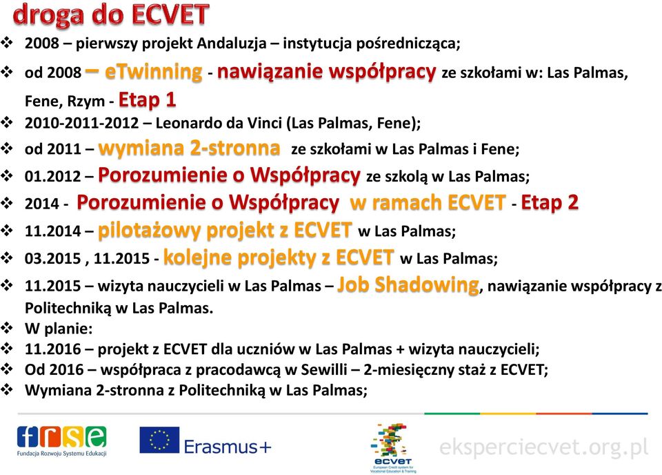 2014 pilotażowy projekt z ECVET w Las Palmas; 03.2015, 11.2015 - kolejne projekty z ECVET w Las Palmas; 11.