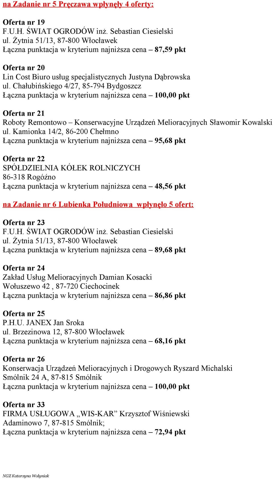 Kamionka 14/2, 86-200 Chełmno Łączna punktacja w kryterium najniższa cena 95,68 pkt Oferta nr 22 SPÓŁDZIELNIA KÓŁEK ROLNICZYCH 86-318 Rogóźno Łączna punktacja w kryterium najniższa cena 48,56 pkt na