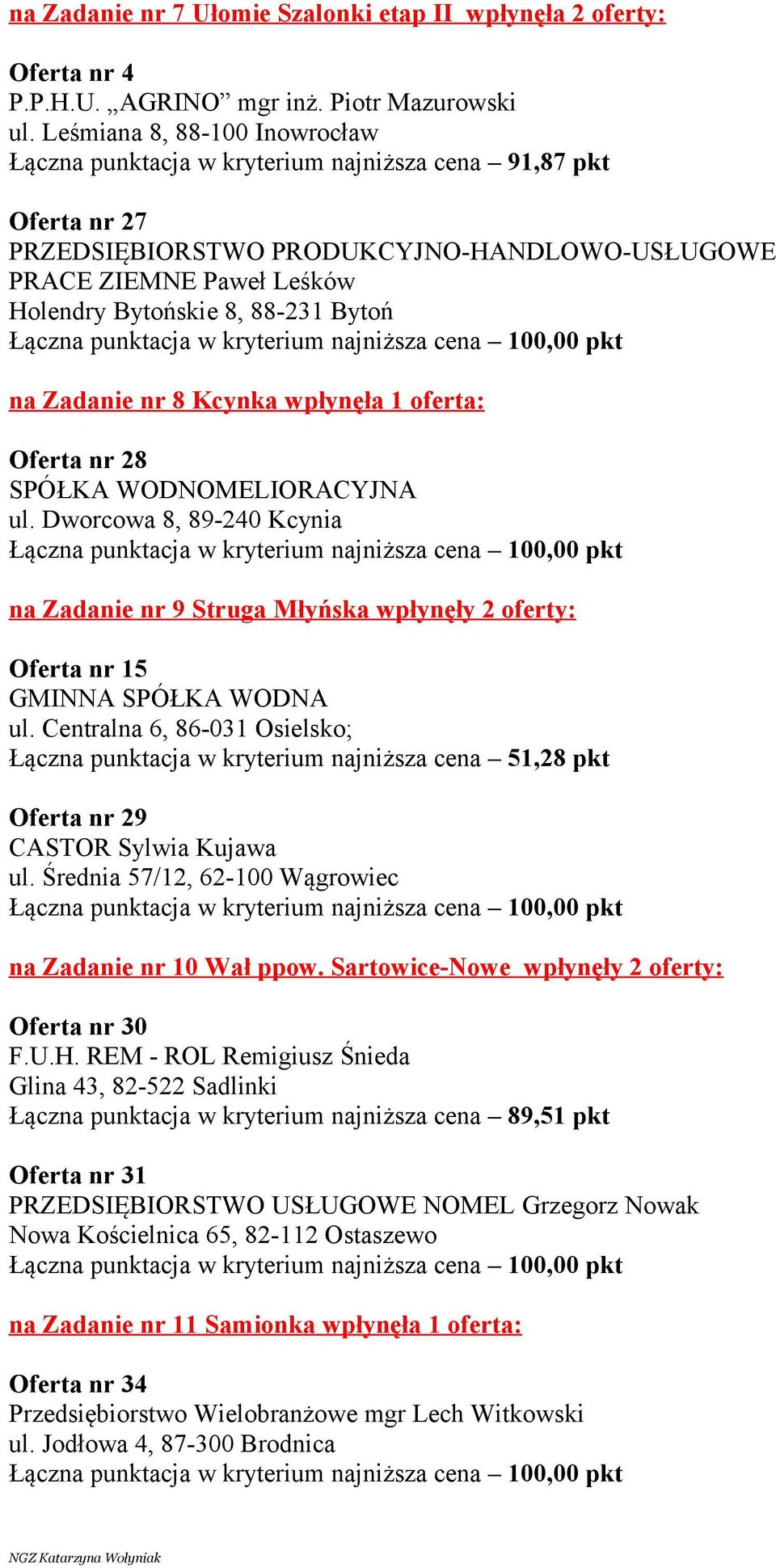 Bytoń na Zadanie nr 8 Kcynka wpłynęła 1 oferta: Oferta nr 28 SPÓŁKA WODNOMELIORACYJNA ul.