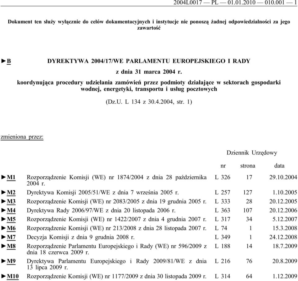 2004 r. koordynująca procedury udzielania zamówień przez podmioty działające w sektorach gospodarki wodnej, energetyki, transportu i usług pocztowych (Dz.U. L 134 z 30.4.2004, str.