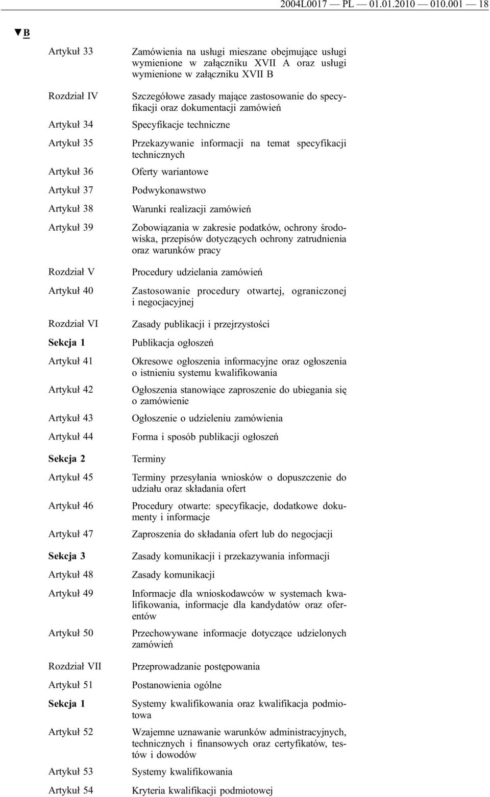 45 Artykuł 46 Artykuł 47 Sekcja 3 Artykuł 48 Artykuł 49 Artykuł 50 Rozdział VII Artykuł 51 Sekcja 1 Artykuł 52 Artykuł 53 Artykuł 54 Zamówienia na usługi mieszane obejmujące usługi wymienione w