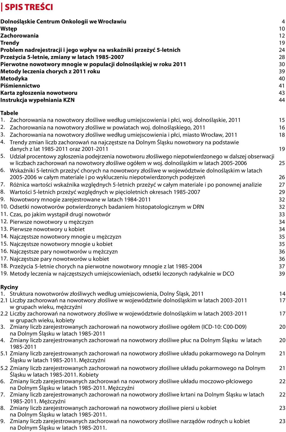 wypełniania KZN 44 Tabele 1. Zachorowania na nowotwory złośliwe według umiejscowienia i płci, woj. dolnośląskie, 2011 15 2. Zachorowania na nowotwory złośliwe w powiatach woj.