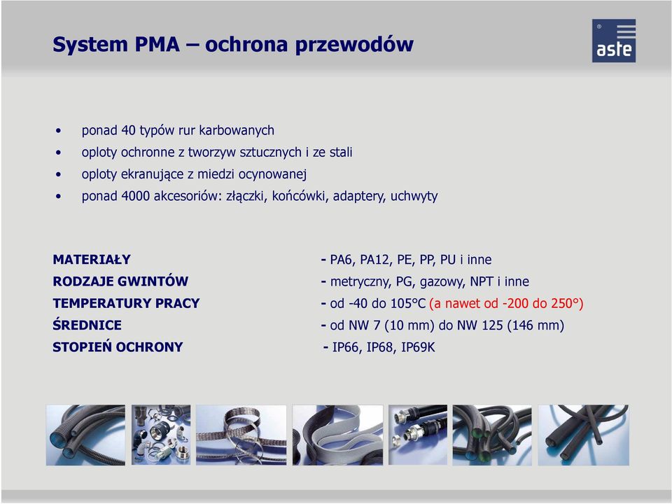 PA6, PA12, PE, PP, PU i inne RODZAJE GWINTÓW - metryczny, PG, gazowy, NPT i inne TEMPERATURY PRACY - od -40 do