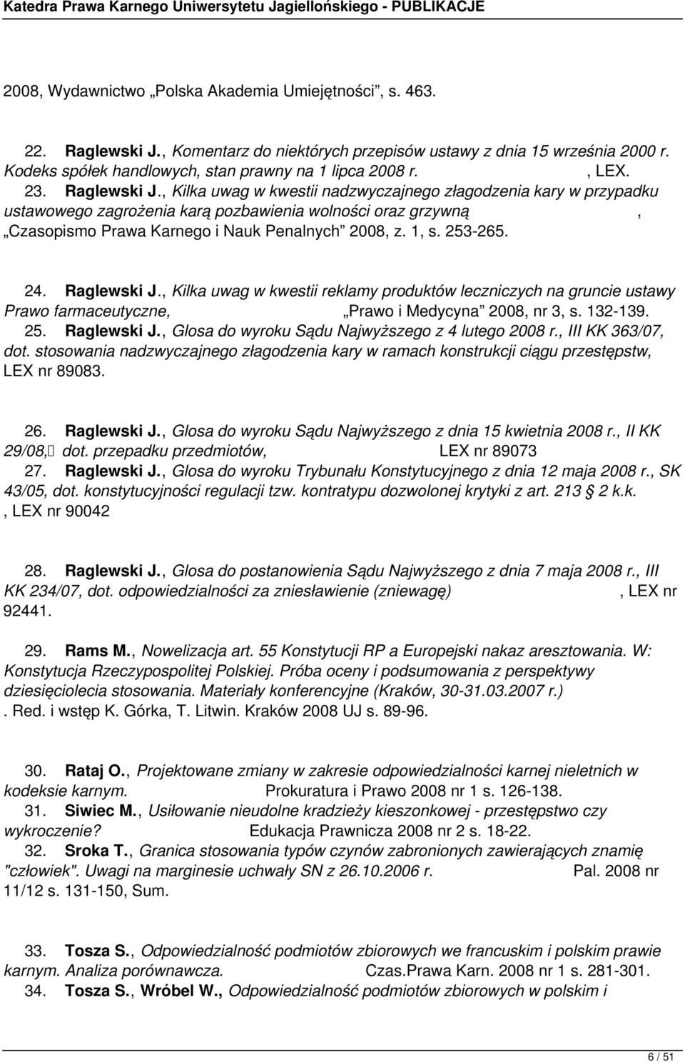 , Kilka uwag w kwestii nadzwyczajnego złagodzenia kary w przypadku ustawowego zagrożenia karą pozbawienia wolności oraz grzywną, Czasopismo Prawa Karnego i Nauk Penalnych 2008, z. 1, s. 253-265. 24.