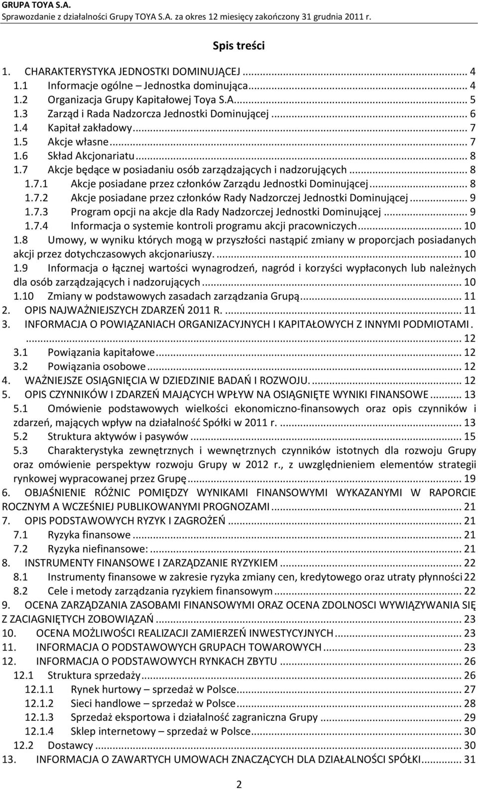 .. 8 1.7.1 Akcje posiadane przez członków Zarządu Jednostki Dominującej... 8 1.7.2 Akcje posiadane przez członków Rady Nadzorczej Jednostki Dominującej... 9 1.7.3 Program opcji na akcje dla Rady Nadzorczej Jednostki Dominującej.