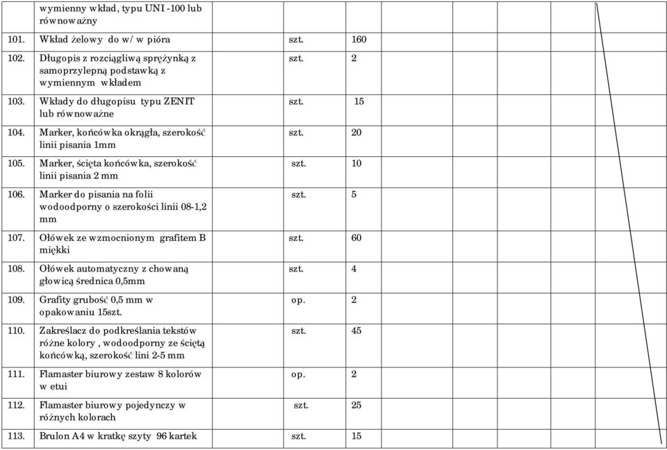 Marker do pisania na folii wodoodporny o szerokości linii 08-1,2 mm 107. Ołówek ze wzmocnionym grafitem B miękki 108. Ołówek automatyczny z chowaną głowicą średnica 0,5mm 109.