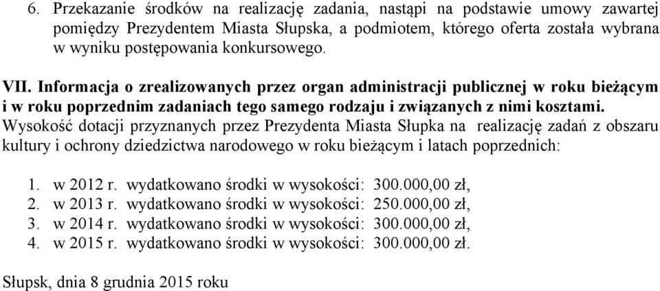 Wysokość dotacji przyznanych przez Prezydenta Miasta Słupka na realizację zadań z obszaru kultury i ochrony dziedzictwa narodowego w roku bieżącym i latach poprzednich: 1. w 2012 r.