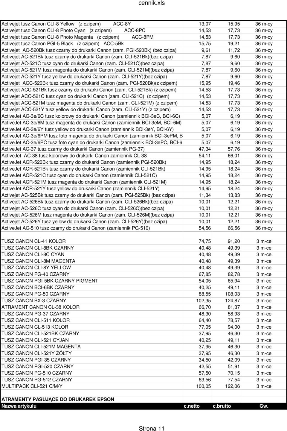 PGI-520Bk) (bez czipa) 9,61 11,72 36 m-cy Activejet AC-521Bk tusz czarny do drukarki Canon (zam. CLI-521Bk)(bez czipa) 7,87 9,60 36 m-cy Activejet AC-521C tusz cyan do drukarki Canon (zam.