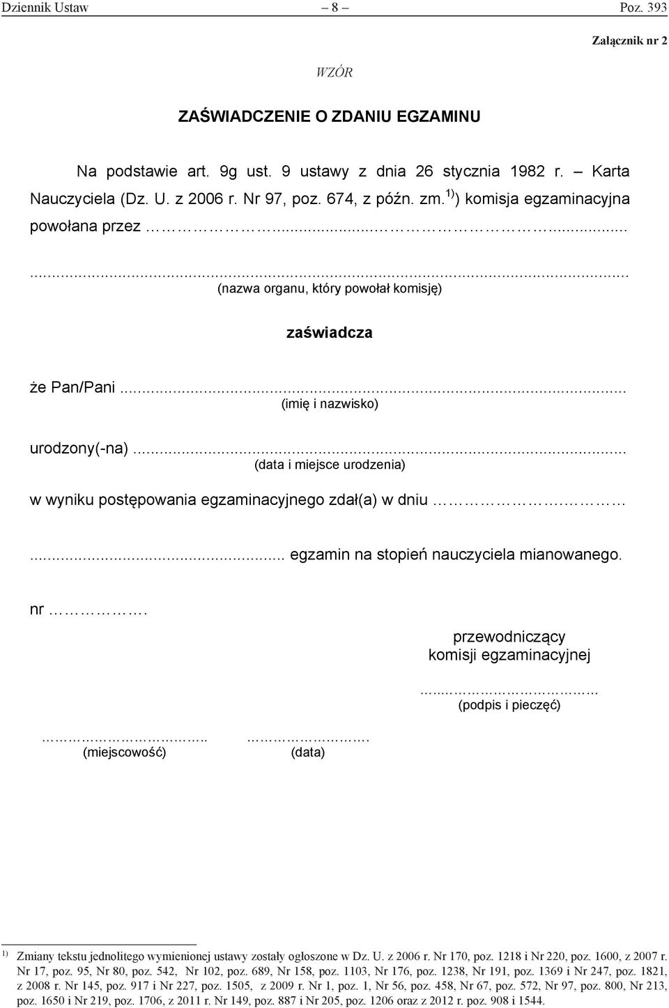 .. (data i miejsce urodzenia) w wyniku postępowania egzaminacyjnego zdał(a) w dniu.... egzamin na stopień nauczyciela mianowanego. nr. przewodniczący komisji egzaminacyjnej.. (podpis i pieczęć).