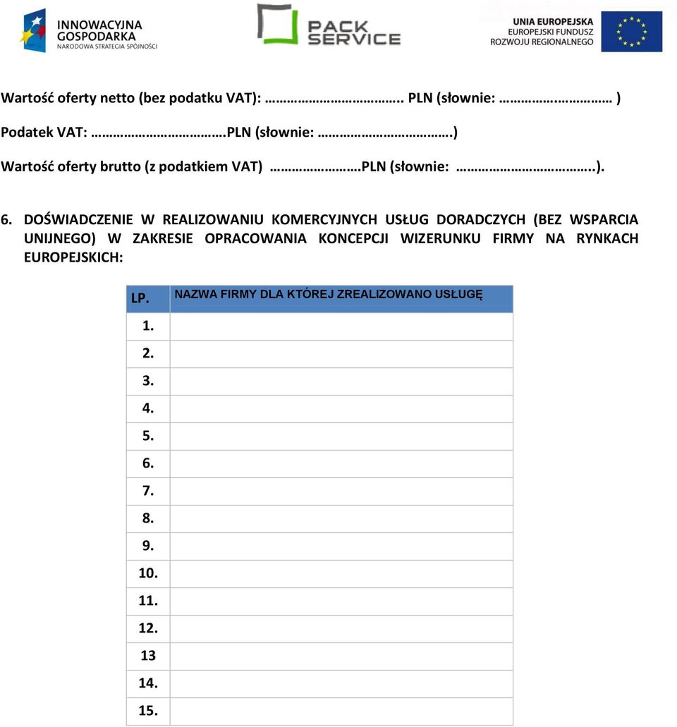 DOŚWIADCZENIE W REALIZOWANIU KOMERCYJNYCH USŁUG DORADCZYCH (BEZ WSPARCIA UNIJNEGO) W ZAKRESIE