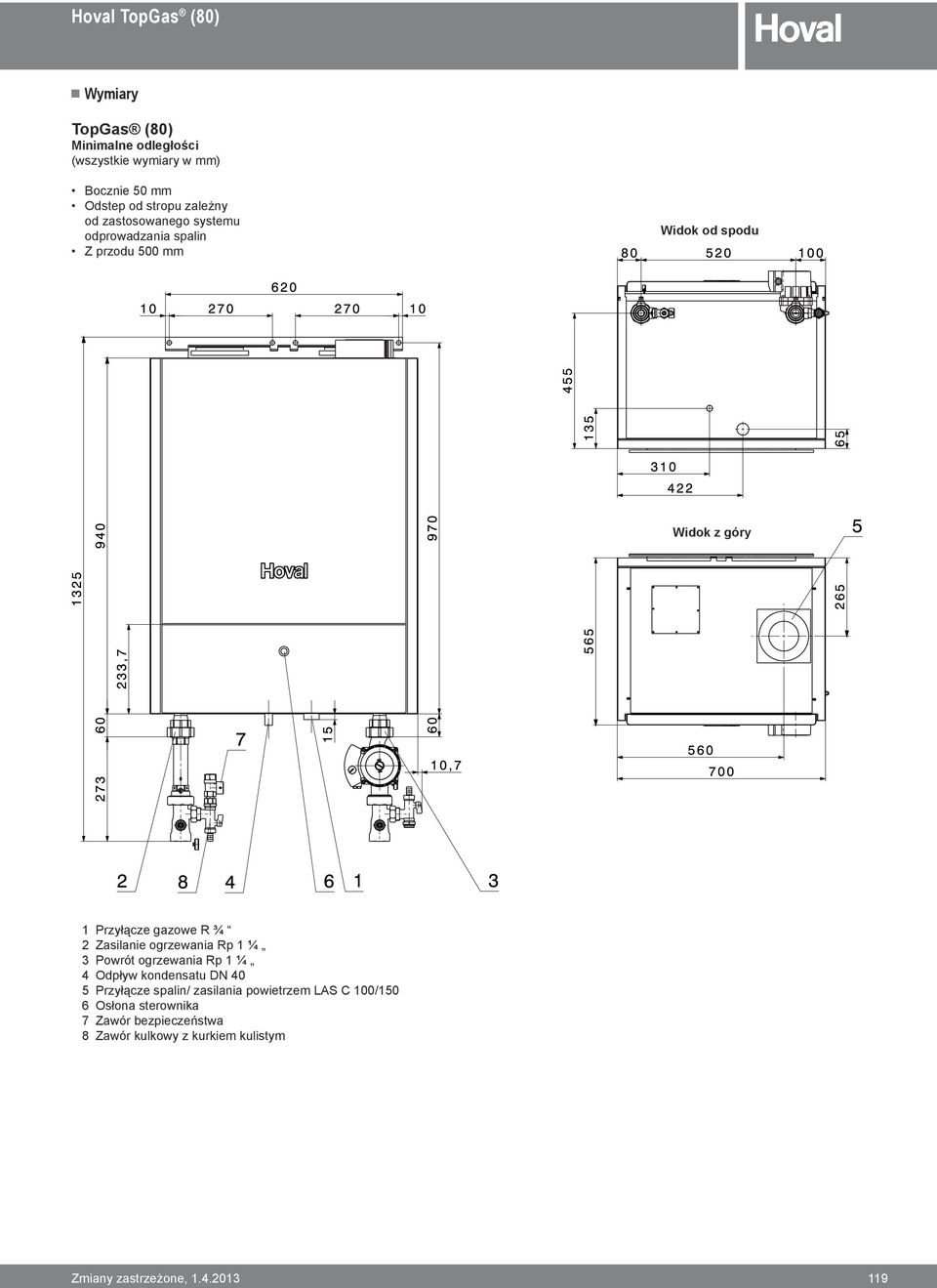 Zasilanie ogrzewania Rp 1 ¼ 3 Powrót ogrzewania Rp 1 ¼ 4 Odpływ kondensatu DN 40 5 Przyłącze spalin/ zasilania
