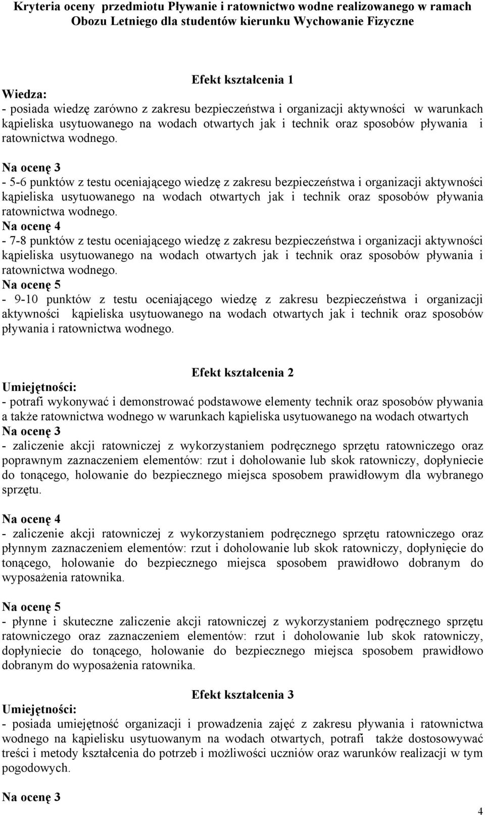 bezpieczeństwa i organizacji aktywności kąpieliska usytuowanego na wodach otwartych jak i technik oraz sposobów pływania - 7-8 punktów z testu oceniającego wiedzę z zakresu bezpieczeństwa i