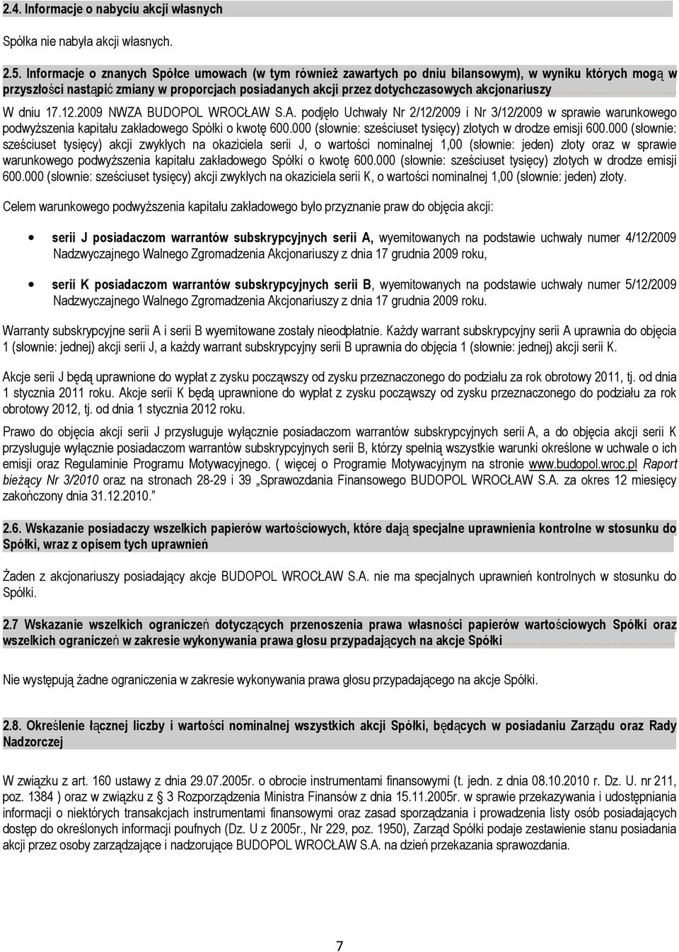 akcjonariuszy... W dniu 17.12.2009 NWZA BUDOPOL WROCŁAW S.A. podjęło Uchwały Nr 2/12/2009 i Nr 3/12/2009 w sprawie warunkowego podwyższenia kapitału zakładowego Spółki o kwotę 600.