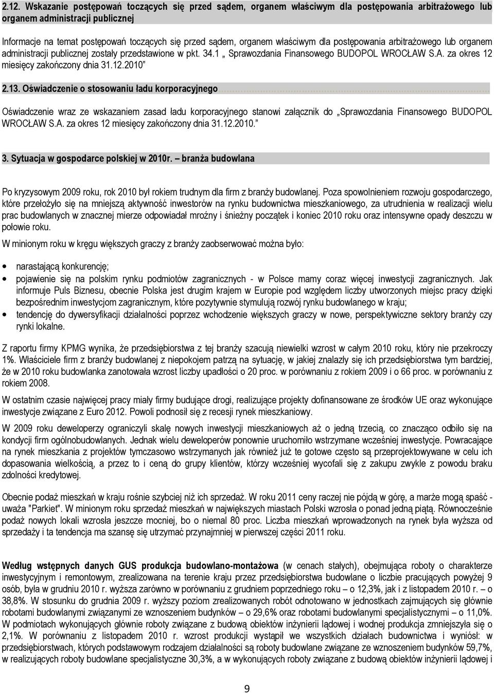 1 Sprawozdania Finansowego BUDOPOL WROCŁAW S.A. za okres 12 miesięcy zakończony dnia 31.12.2010 2.13. Oświadczenie o stosowaniu ładu korporacyjnego.