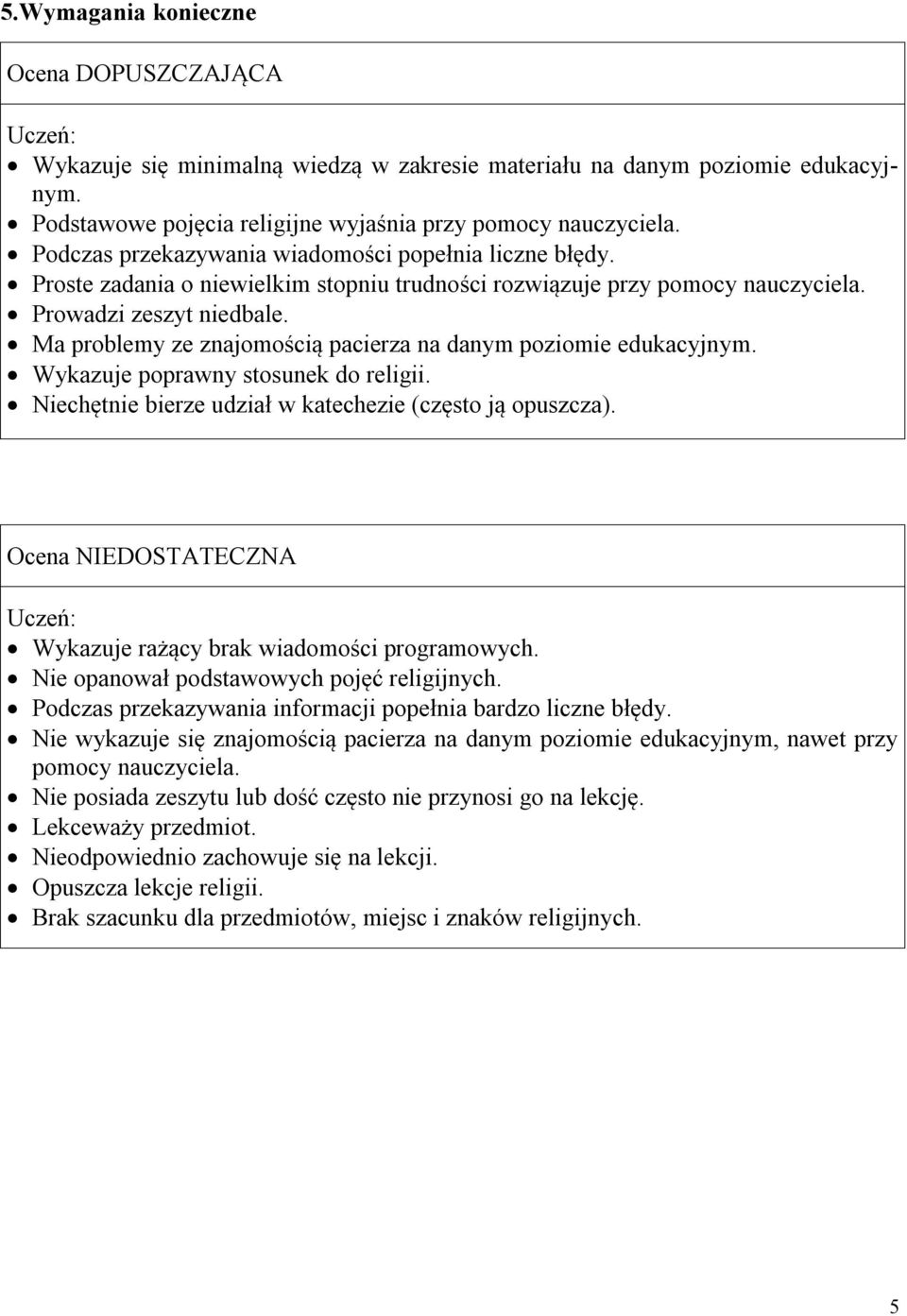 Ma problemy ze znajomością pacierza na danym poziomie edukacyjnym. Wykazuje poprawny stosunek do religii. Niechętnie bierze udział w katechezie (często ją opuszcza).