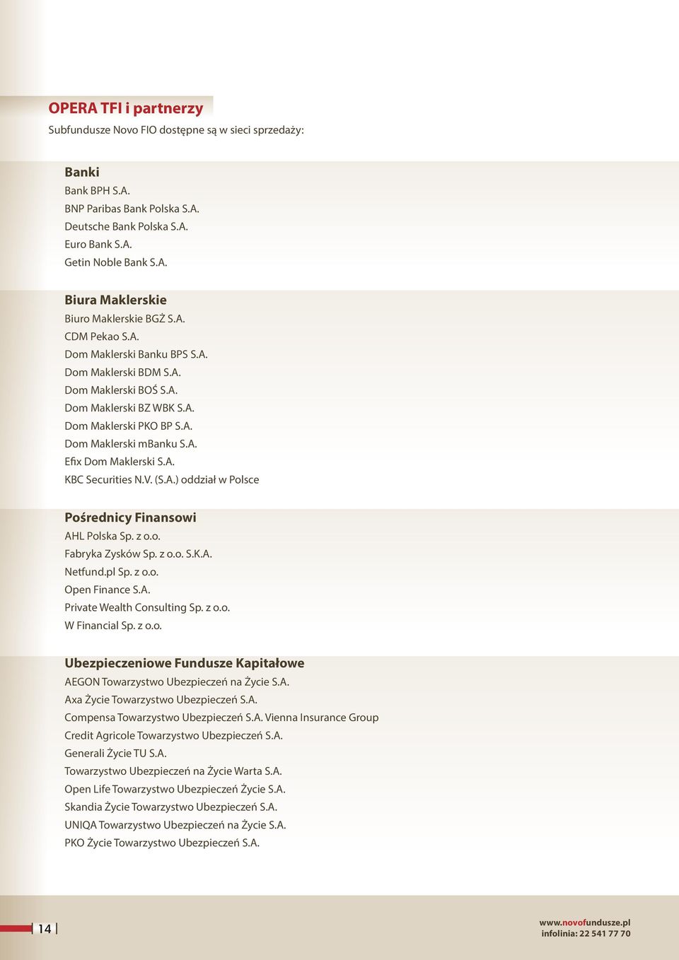 V. (S.A.) oddział w Polsce Pośrednicy Finansowi AHL Polska Sp. z o.o. Fabryka Zysków Sp. z o.o. S.K.A. Netfund.pl Sp. z o.o. Open Finance S.A. Private Wealth Consulting Sp. z o.o. W Financial Sp. z o.o. Ubezpieczeniowe Fundusze Kapitałowe AEGON Towarzystwo Ubezpieczeń na Życie S.