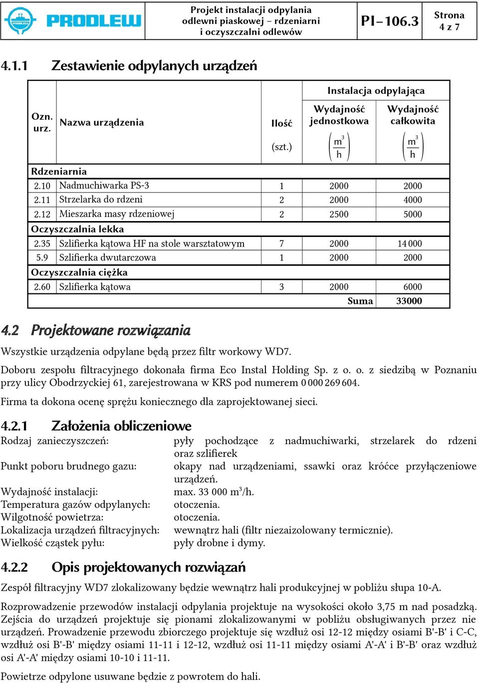 9 Szliferka dwutarczowa 1 2000 2000 Oczyszczalnia ciężka 2.60 Szliferka kątowa 3 2000 6000 Suma 33000 4.2 Projektowane rozwiązania Wszystkie urządzenia odpylane będą przez fltr workowy WD7.