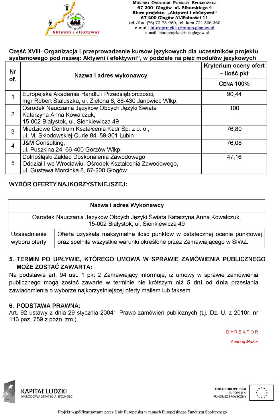 ofert ilość pkt CENA 00% Europejska Akademia Handlu i Przedsiębiorczości, mgr Robert Staluszka, ul. Zielona 8, 88-0 Janowiec Wlkp.