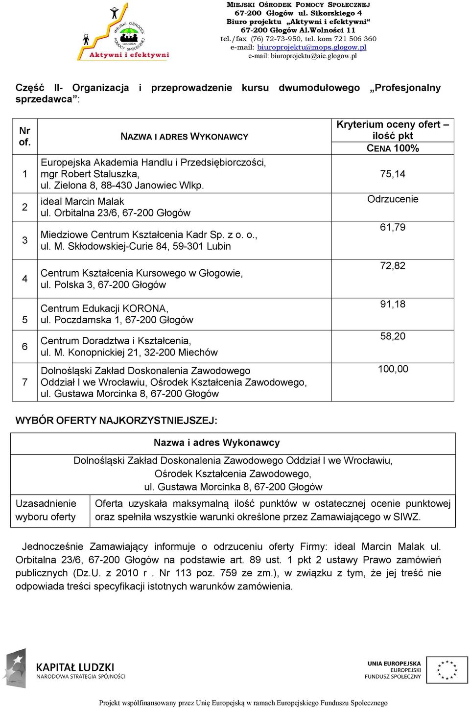 ul. Zielona 8, 88-0 Janowiec Wlkp. ideal Marcin Malak ul. Orbitalna /6, 67-00 Głogów Miedziowe Centrum Kształcenia Kadr Sp. z o. o., ul. M. Skłodowskiej-Curie 8, 9-0 Lubin Centrum Kształcenia Kursowego w Głogowie, ul.