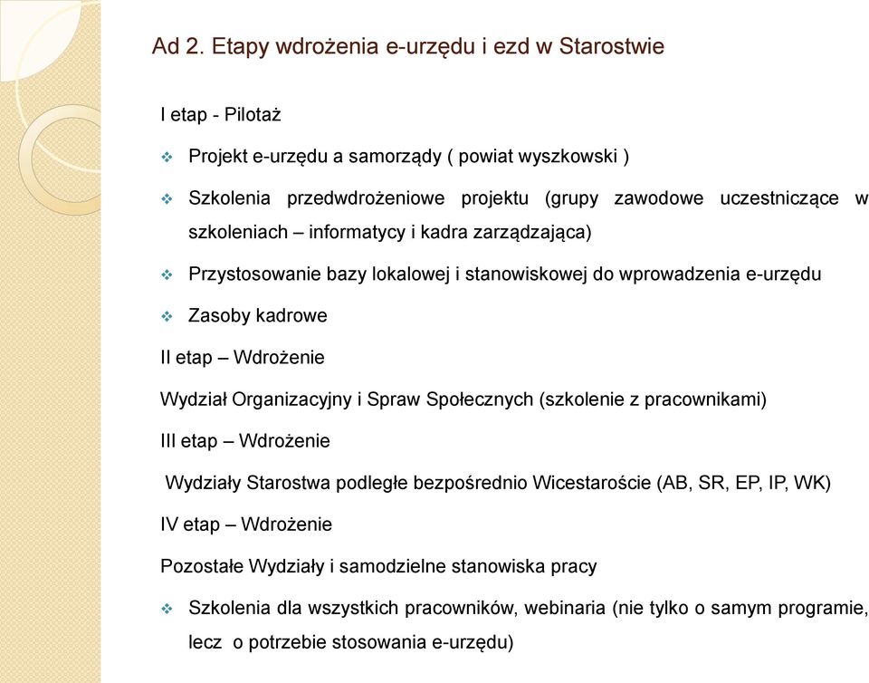 Wydział Organizacyjny i Spraw Społecznych (szkolenie z pracownikami) III etap Wdrożenie Wydziały Starostwa podległe bezpośrednio Wicestaroście (AB, SR, EP, IP, WK) IV