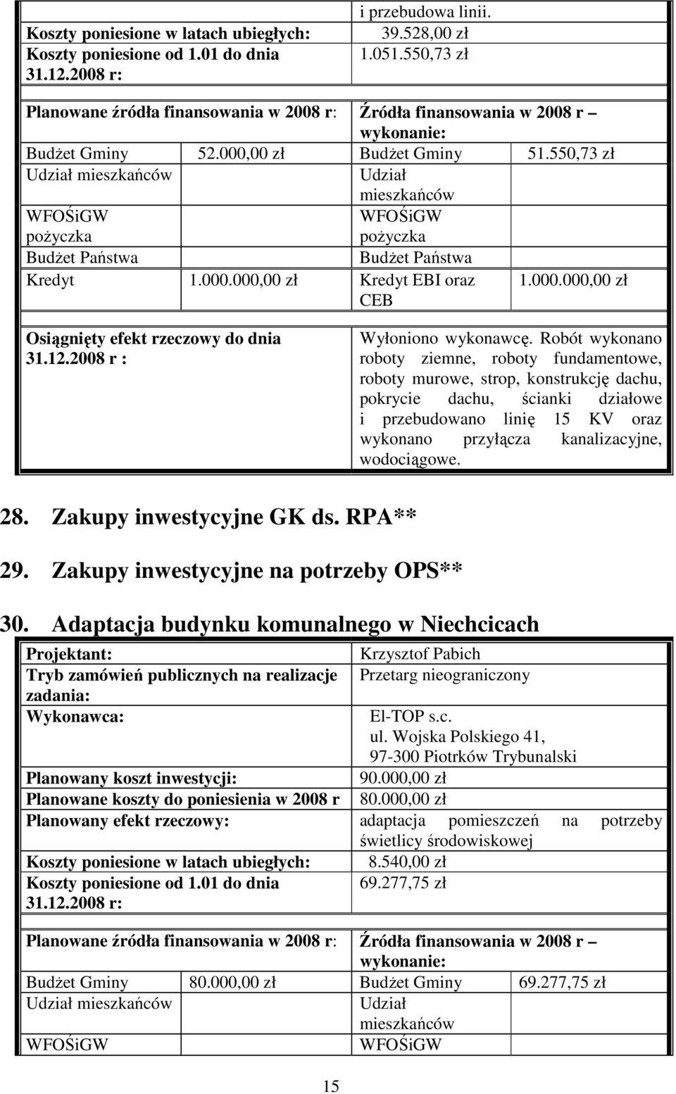 wodociągowe. 28. Zakupy inwestycyjne GK ds. RPA** 29. Zakupy inwestycyjne na potrzeby OPS** 30.