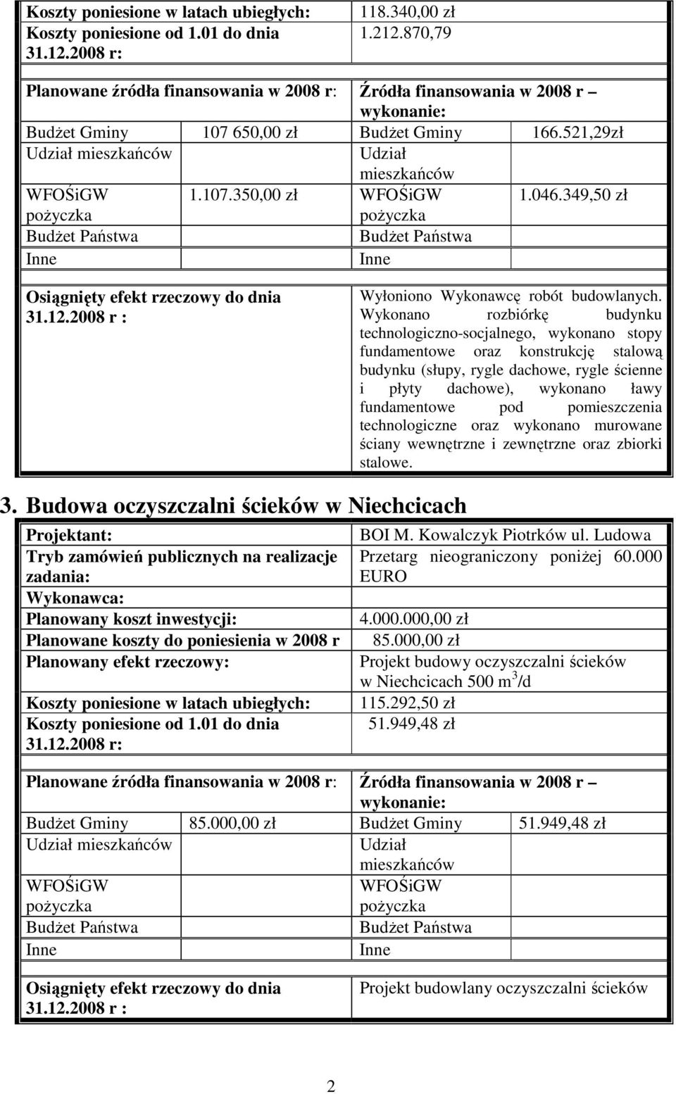 pod pomieszczenia technologiczne oraz wykonano murowane ściany wewnętrzne i zewnętrzne oraz zbiorki stalowe. 3. Budowa oczyszczalni ścieków w Niechcicach BOI M. Kowalczyk Piotrków ul.