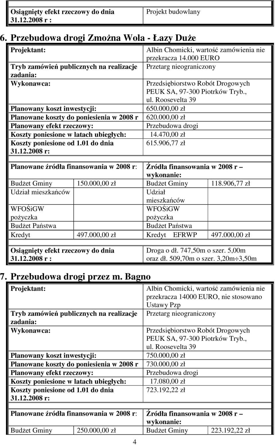 906,77 zł BudŜet Gminy 150.000,00 zł BudŜet Gminy 118.906,77 zł 497.000,00 zł EFRWP 497.000,00 zł Droga o dł. 747,50m o szer. 5,00m oraz dł. 509,70m o szer. 3,20m 3,50m 7. Przebudowa drogi przez m.