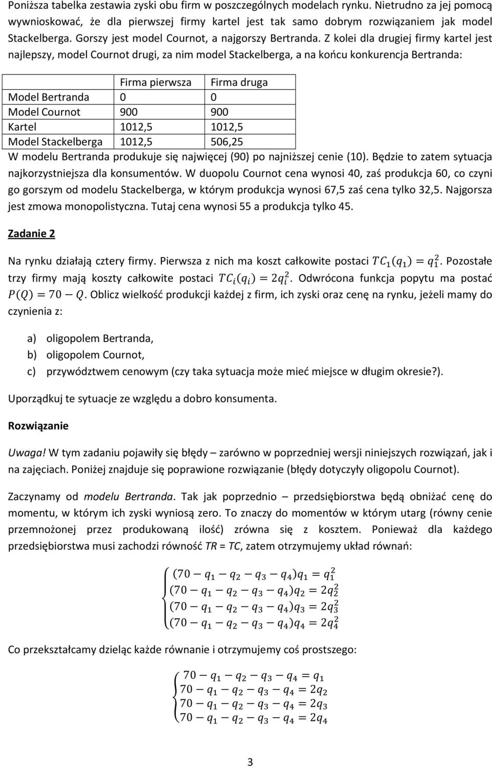 Z kolei dla drugiej firmy kartel jest najlepszy, model Cournot drugi, za nim model Stackelberga, a na końcu konkurencja Bertranda: Firma pierwsza Firma druga Model Bertranda 0 0 Model Cournot 900 900