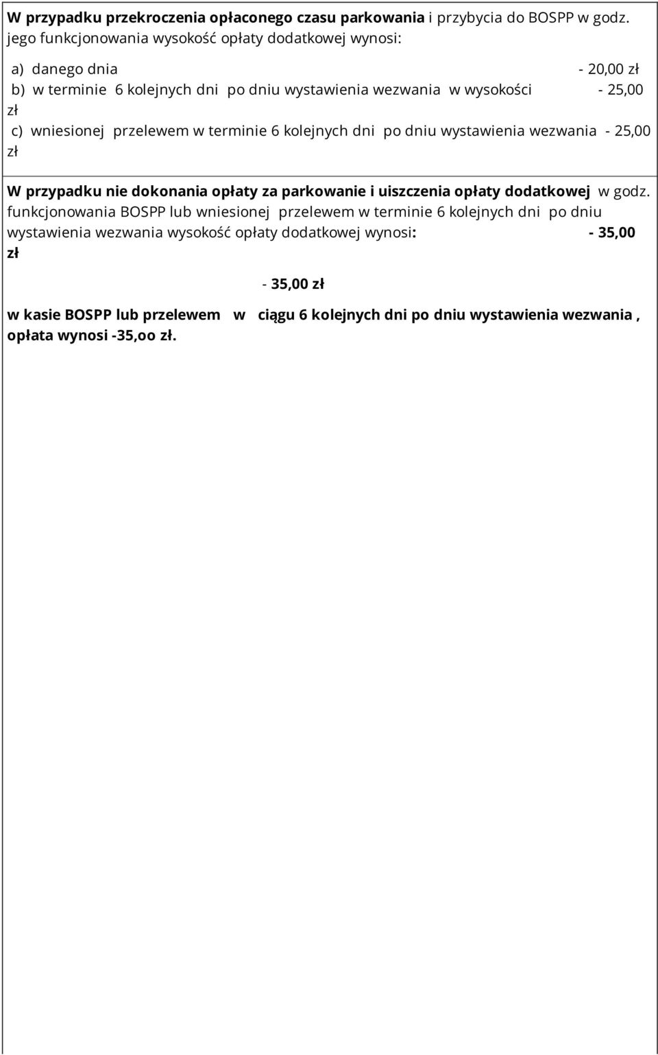 wniesionej przelewem w terminie 6 kolejnych dni po dniu wystawienia wezwania - 25,00 zł W przypadku nie dokonania opłaty za parkowanie i uiszczenia opłaty dodatkowej w