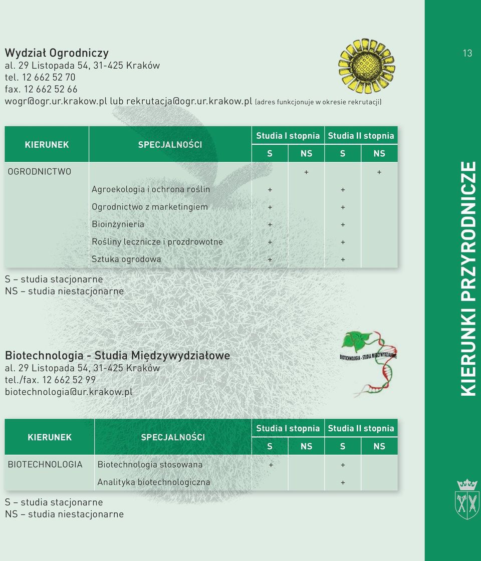 pl (adres funkcjonuje w okresie rekrutacji) 13 Kierunek Ogrodnictwo Specjalności Agroekologia i ochrona roślin Ogrodnictwo z marketingiem Bioinżynieria S studia stacjonarne NS studia