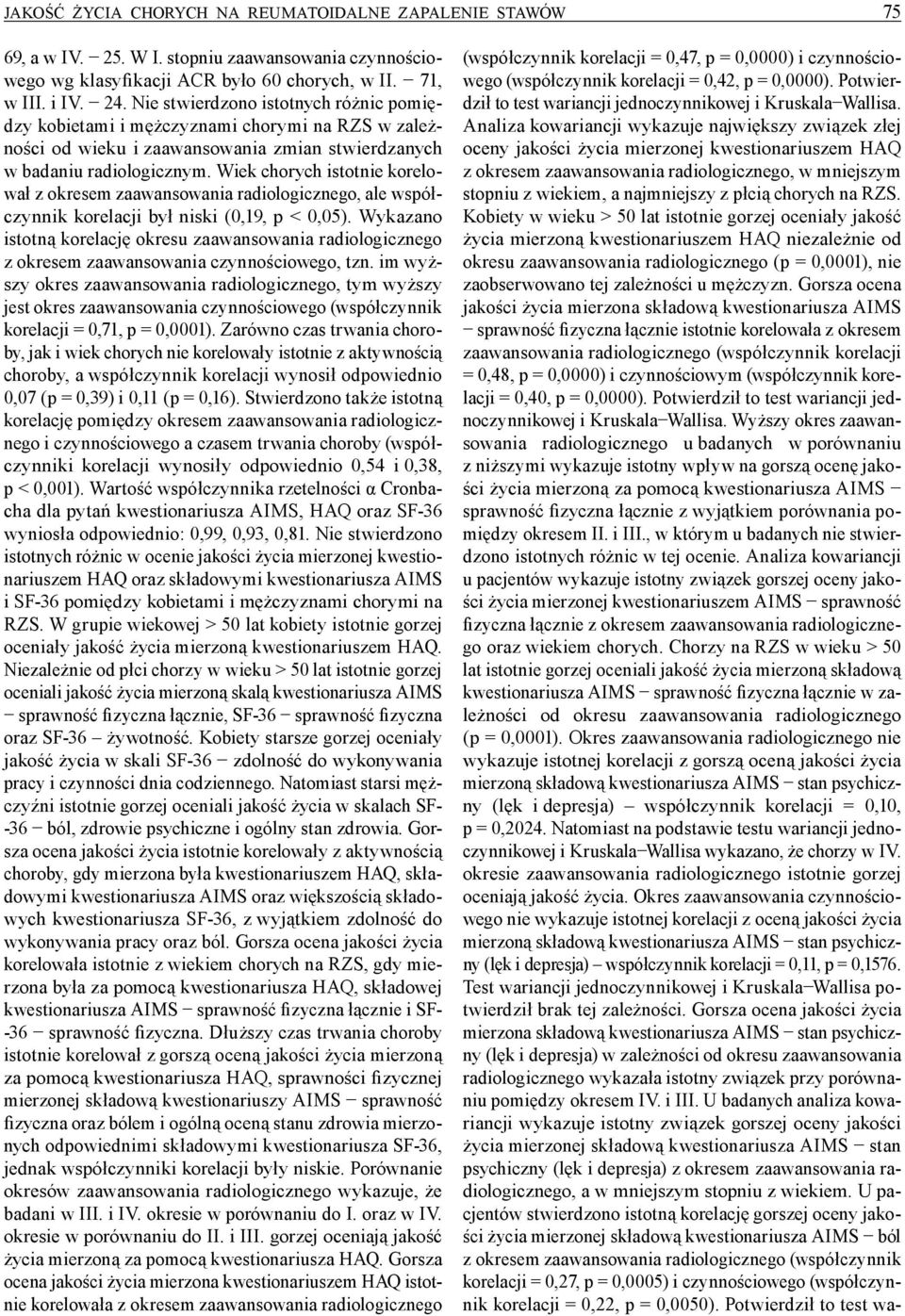 Wiek chorych istotnie korelował z okresem zaawansowania radiologicznego, ale współczynnik korelacji był niski (0,19, p < 0,05).