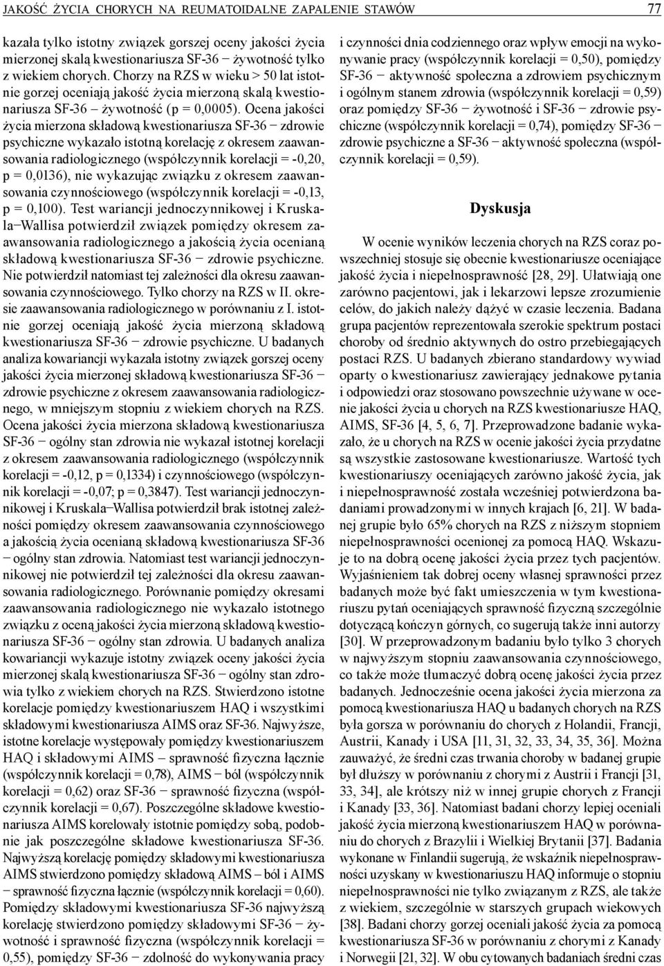 Ocena jakości życia mierzona składową kwestionariusza SF-36 zdrowie psychiczne wykazało istotną korelację z okresem zaawansowania radiologicznego (współczynnik korelacji = -0,20, p = 0,0136), nie