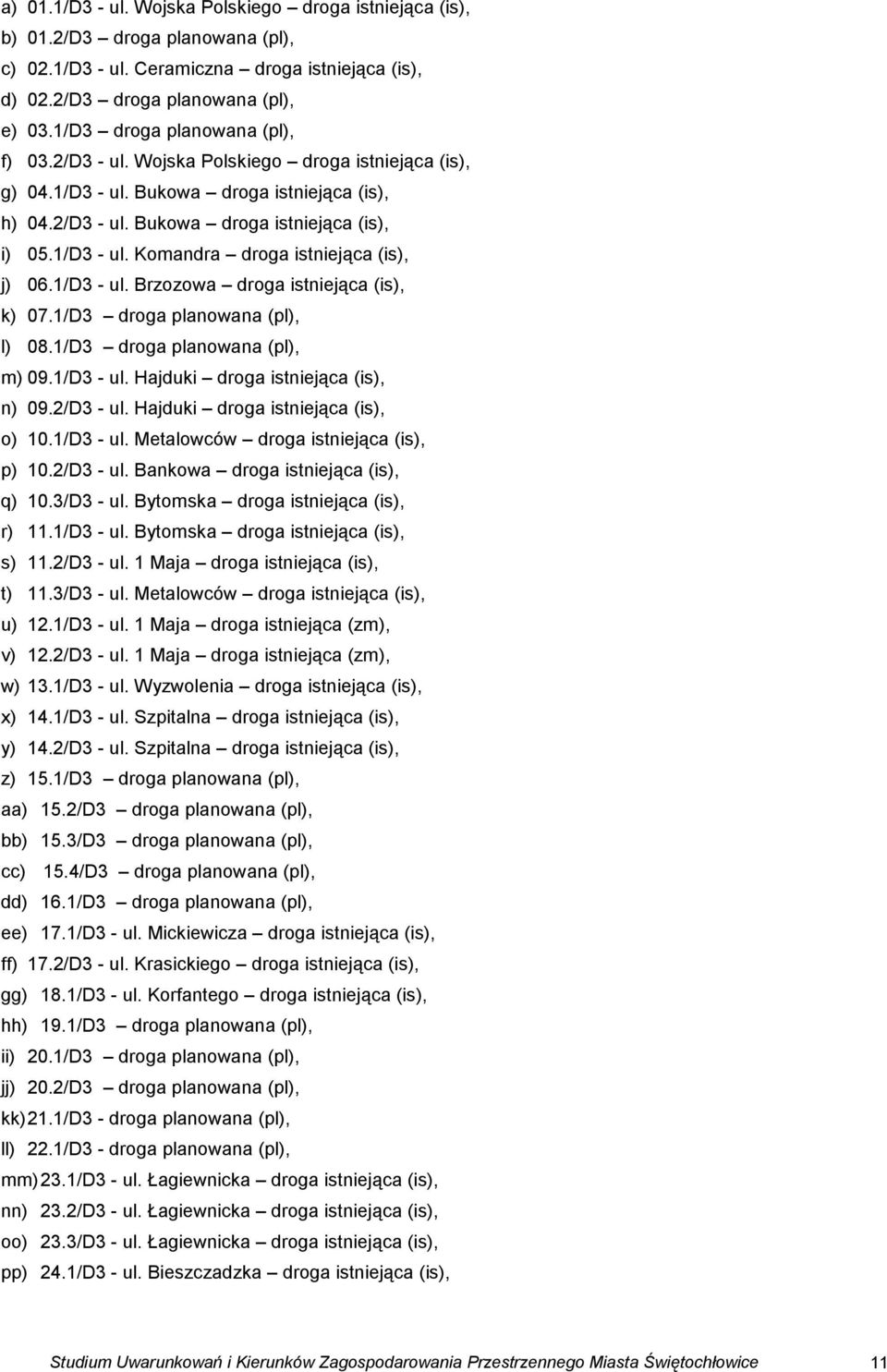 1/D3 - ul. Brzozowa droga istniejąca (is), k) 07.1/D3 droga planowana (pl), l) 08.1/D3 droga planowana (pl), m) 09.1/D3 - ul. Hajduki droga istniejąca (is), n) 09.2/D3 - ul.