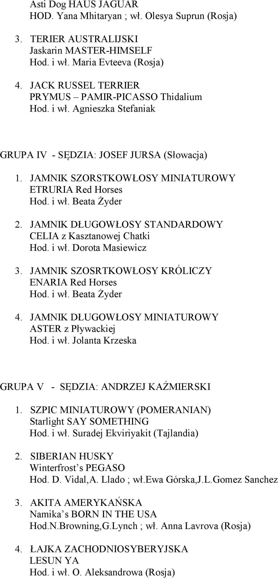 JAMNIK DŁUGOWŁOSY STANDARDOWY CELIA z Kasztanowej Chatki Hod. i wł. Dorota Masiewicz 3. JAMNIK SZOSRTKOWŁOSY KRÓLICZY ENARIA Red Horses Hod. i wł. Beata Żyder 4.