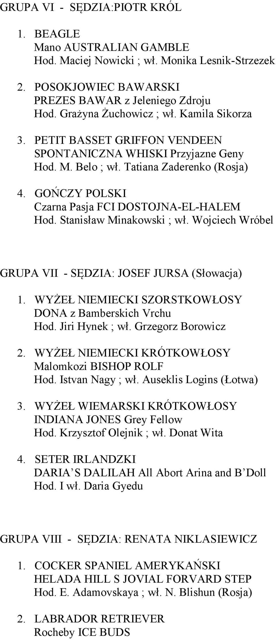 Stanisław Minakowski ; wł. Wojciech Wróbel GRUPA VII - SĘDZIA: JOSEF JURSA (Słowacja) 1. WYŻEŁ NIEMIECKI SZORSTKOWŁOSY DONA z Bamberskich Vrchu Hod. Jiri Hynek ; wł. Grzegorz Borowicz 2.