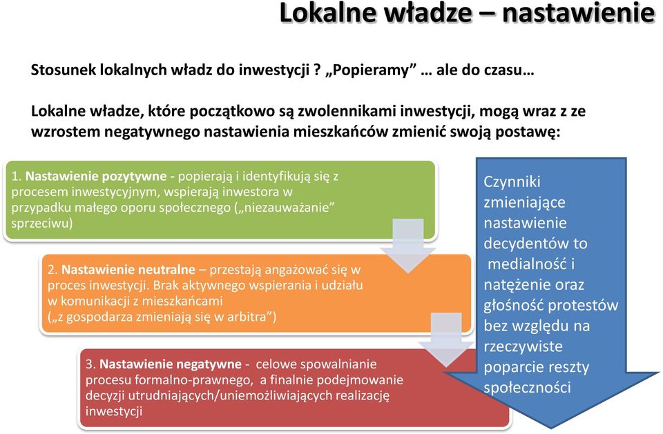 Nastawienie pozytywne - popierają i identyfikują się z procesem inwestycyjnym, wspierają inwestora w przypadku małego oporu społecznego ( niezauważanie sprzeciwu) 2.