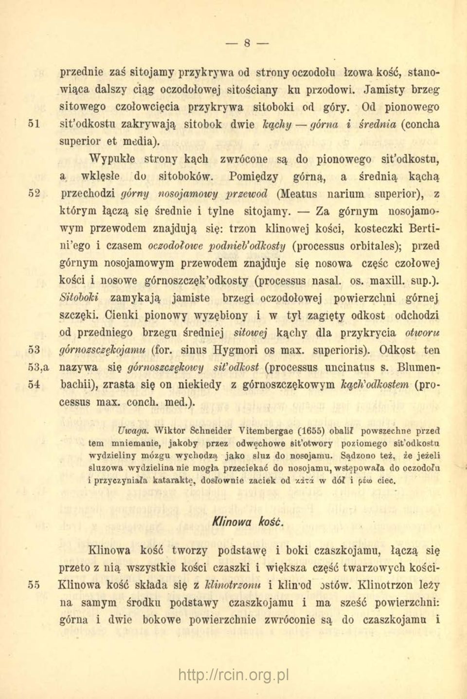 Pomiędzy górną, a średnią kąchą 52 przechodzi górny nosojamowy przewód (Meatus narium superior), z którym łączą się średnie i tylne sitojamy.