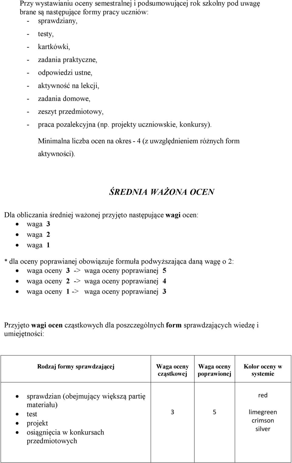 ŚREDNIA WAŻONA OCEN Dla obliczania średniej ważonej przyjęto następujące wagi ocen: waga 3 waga 2 waga 1 * dla oceny poprawianej obowiązuje formuła podwyższająca daną wagę o 2: waga oceny 3 -> waga