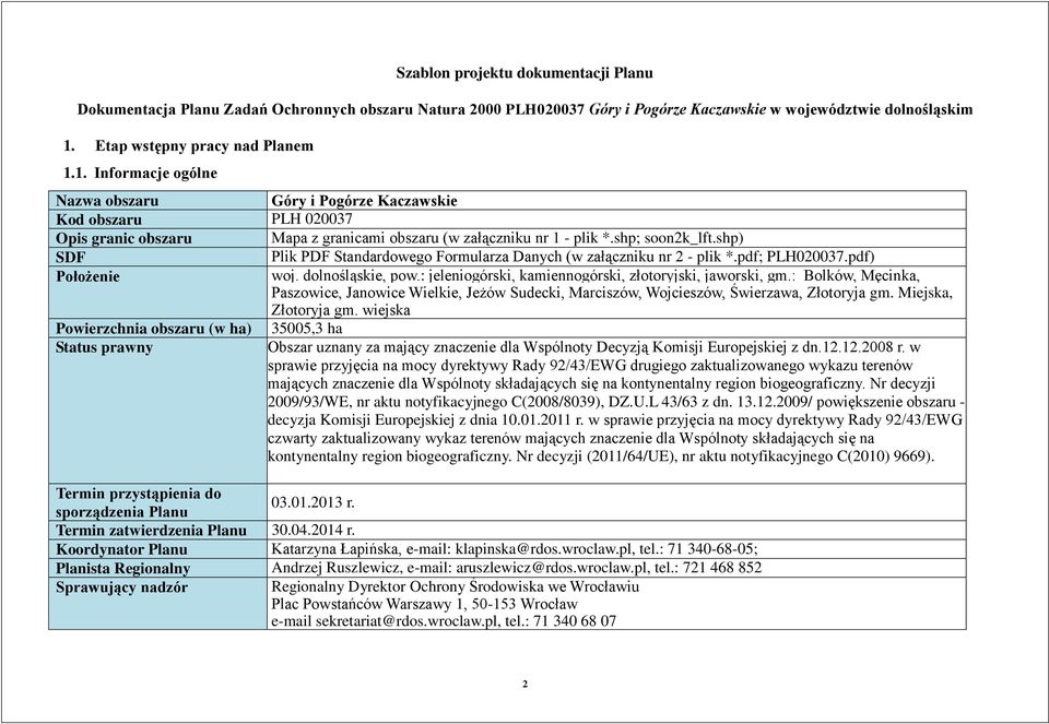 shp; soon2k_lft.shp) SDF Plik PDF Standardowego Formularza Danych (w załączniku nr 2 - plik *.pdf; PLH020037.pdf) Położenie woj. dolnośląskie, pow.