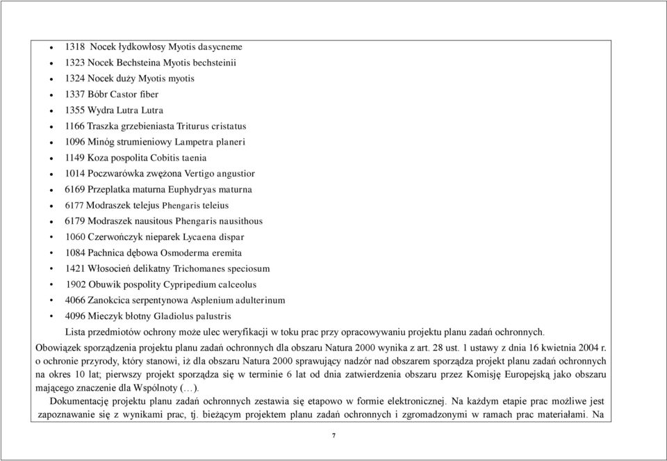 Phengaris teleius 6179 Modraszek nausitous Phengaris nausithous 1060 Czerwończyk nieparek Lycaena dispar 1084 Pachnica dębowa Osmoderma eremita 1421 Włosocień delikatny Trichomanes speciosum 1902