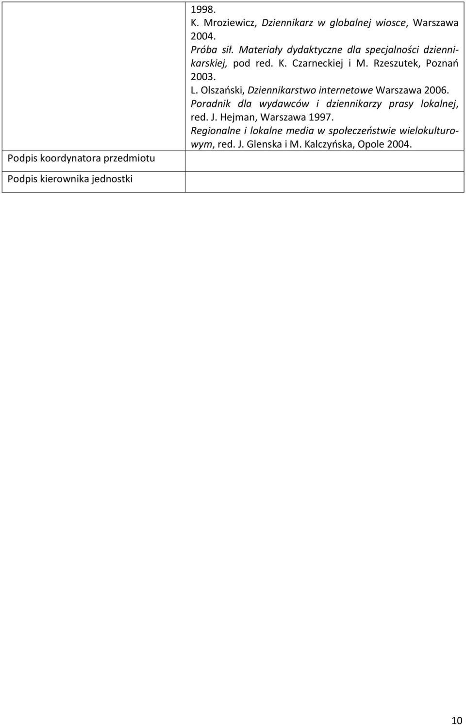 Materiały dydaktyczne dla specjalności dziennikarskiej, pod red. K. Czarneckiej i M. Rzeszutek, Poznań 2003. L.