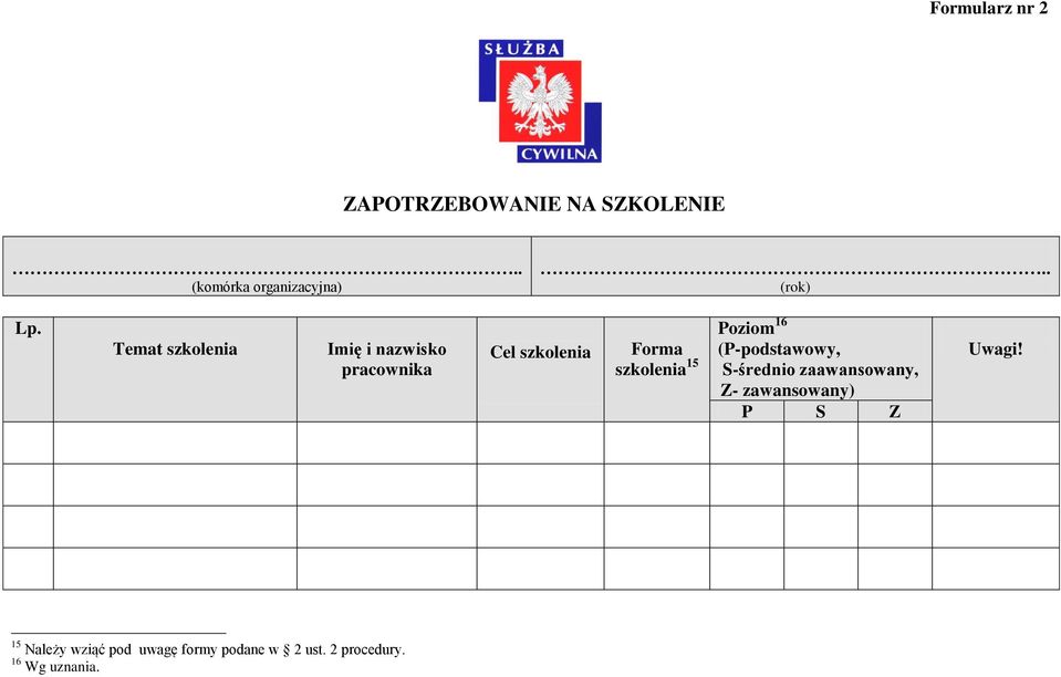 Temat szkolenia Imię i nazwisko pracownika Cel szkolenia Forma szkolenia 15