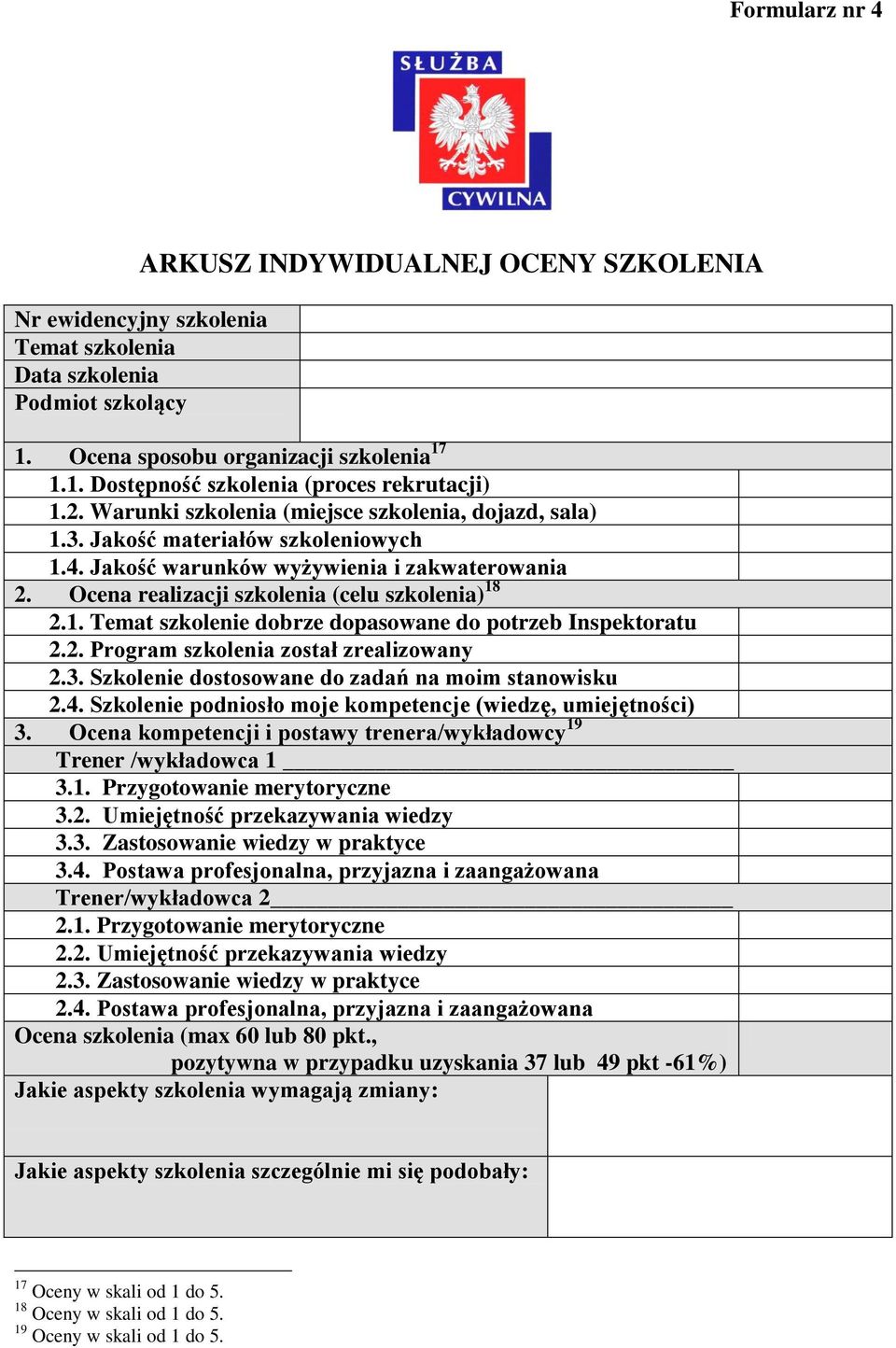 2. Program szkolenia został zrealizowany 2.3. Szkolenie dostosowane do zadań na moim stanowisku 2.4. Szkolenie podniosło moje kompetencje (wiedzę, umiejętności) 3.