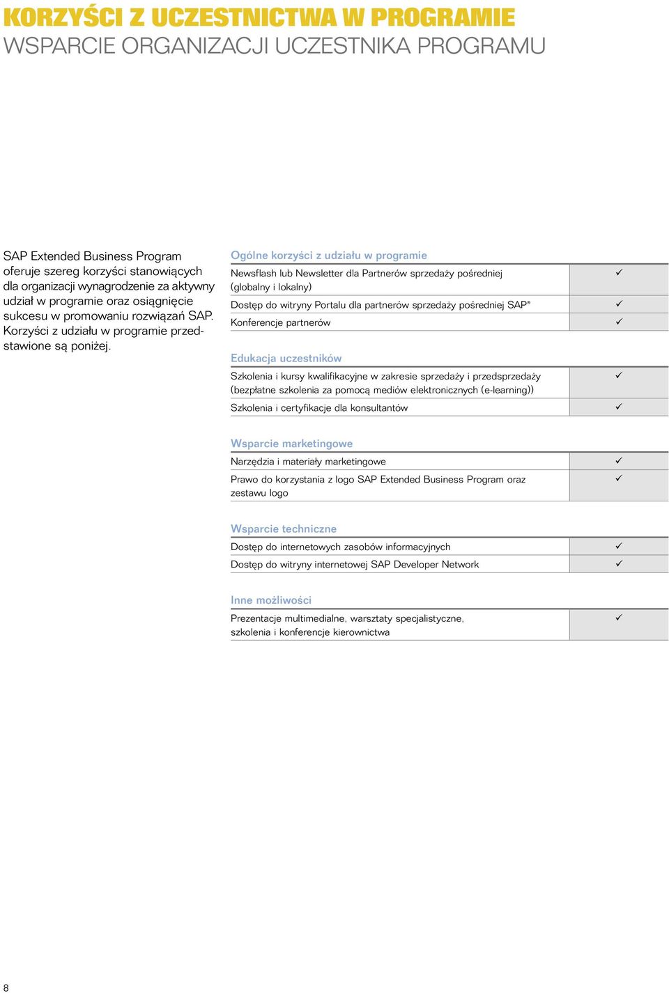 Ogólne korzyści z udziału w programie Newsflash lub Newsletter dla Partnerów sprzedaży pośredniej (globalny i lokalny) Dostęp do witryny Portalu dla partnerów sprzedaży pośredniej SAP Konferencje